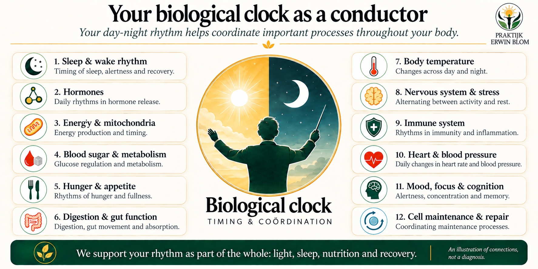 A conductor in front of a circle containing the sun and moon, representing coordination between day and night.