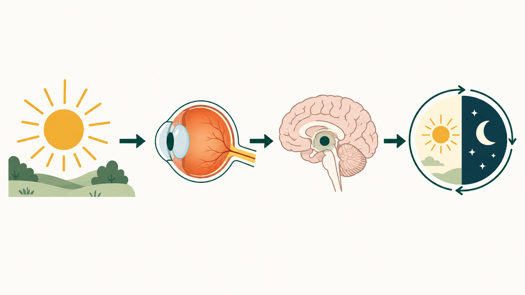 Diagram: outdoor daylight reaches the retina and helps align the day-night rhythm through the central clock.
