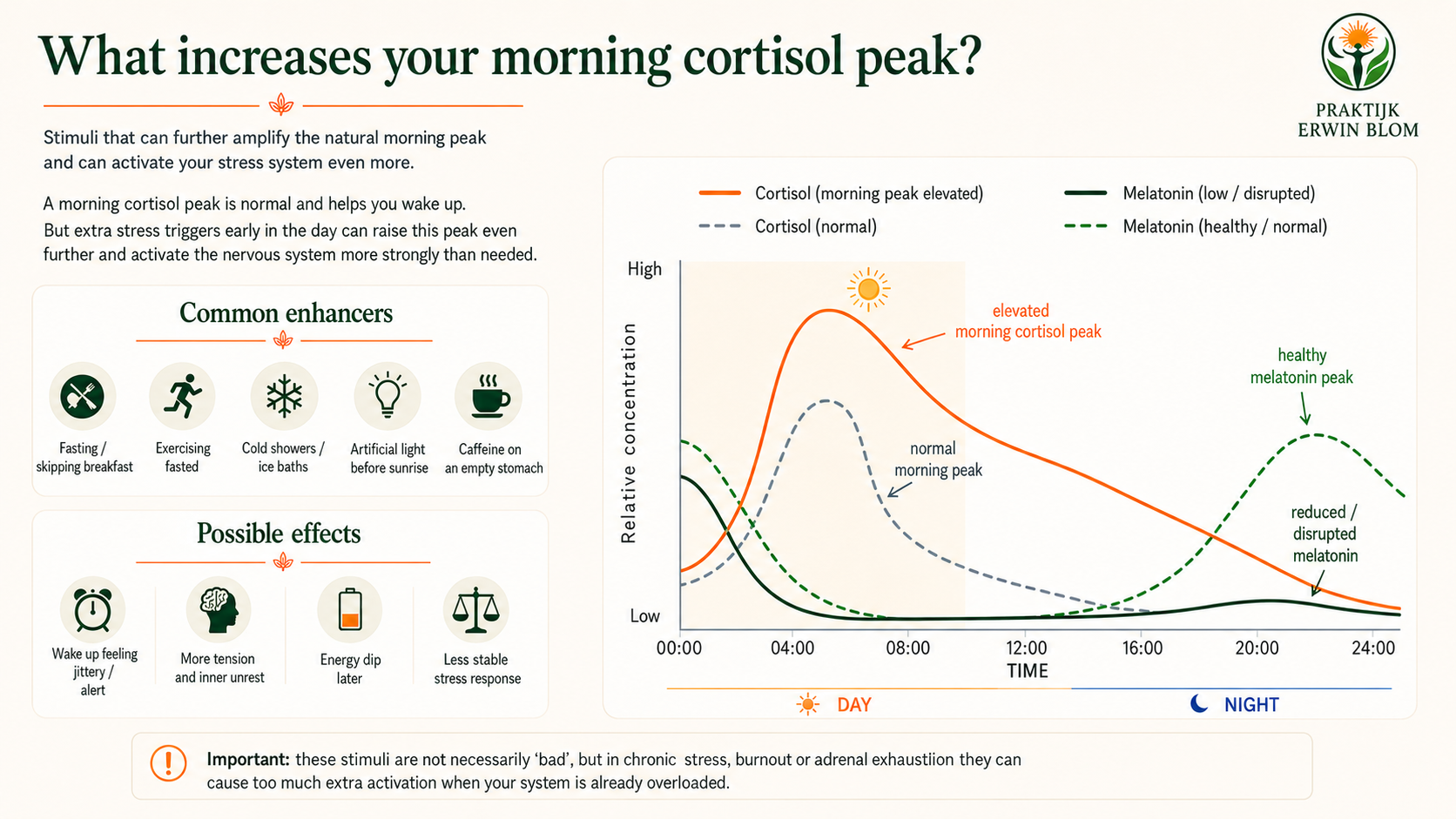 Infographic about stimuli, possible effects and an illustrative day-night pattern of cortisol and melatonin